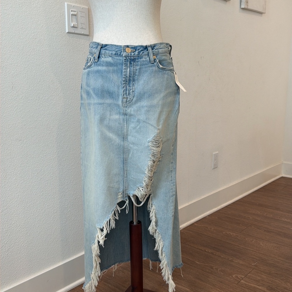 7 For All Mankind Light Blue Distressed Asymmetrical Denim Skirt